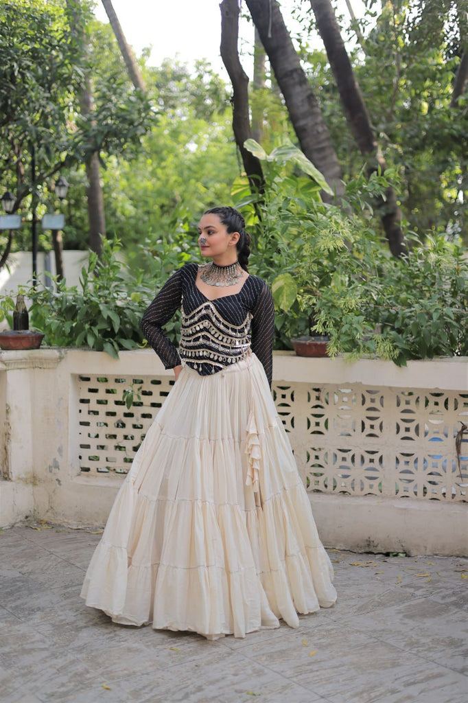 Designer Kora Cotton Lehenga with 12 Meter Flair & Leheriya Print Mirror Work Blouse ClothsVilla