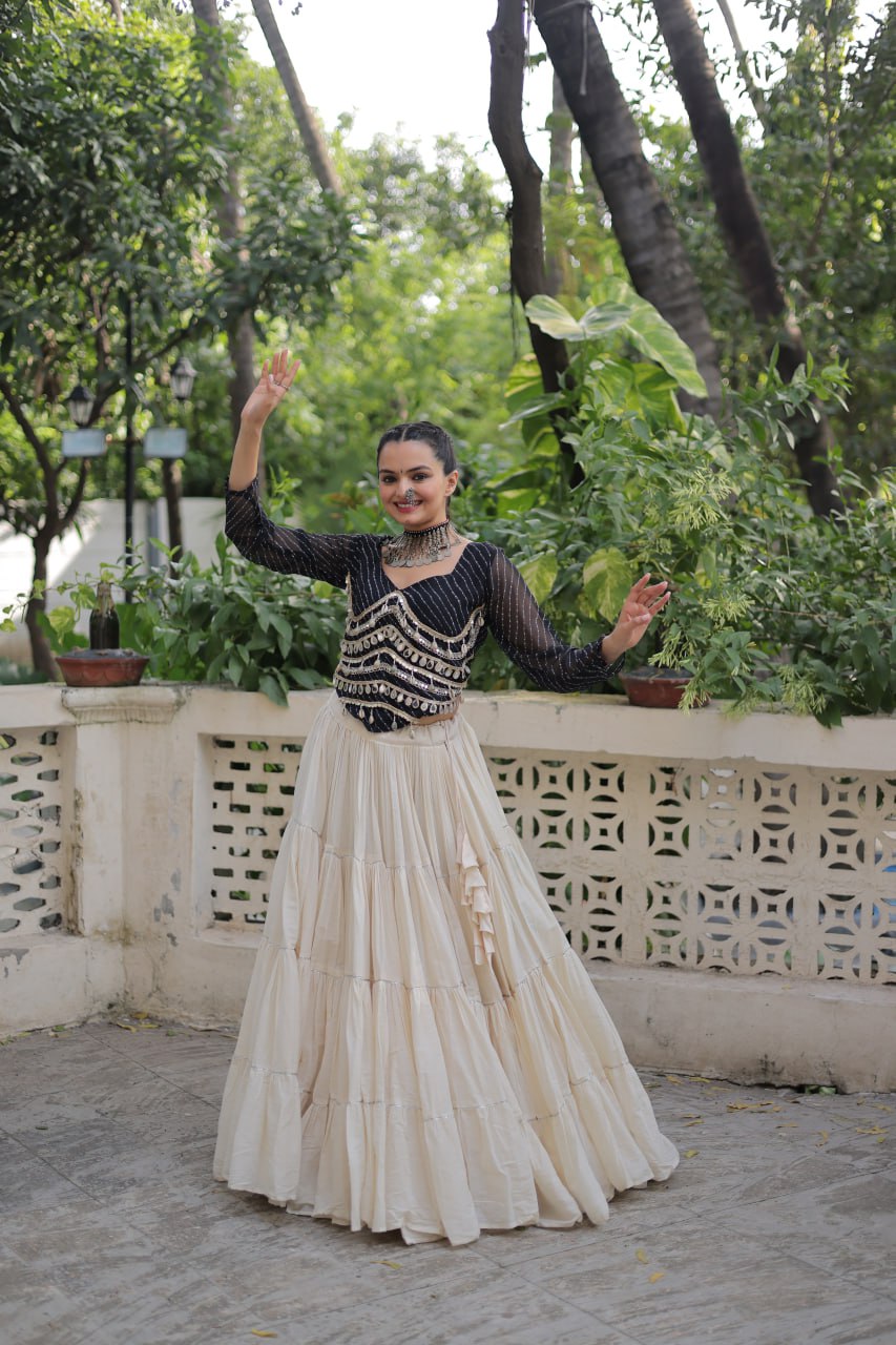 Designer Kora Cotton Lehenga with 12 Meter Flair & Leheriya Print Mirror Work Blouse ClothsVilla