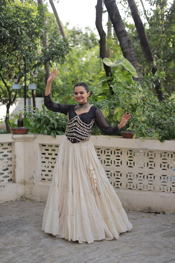 Designer Kora Cotton Lehenga with 12 Meter Flair & Leheriya Print Mirror Work Blouse ClothsVilla