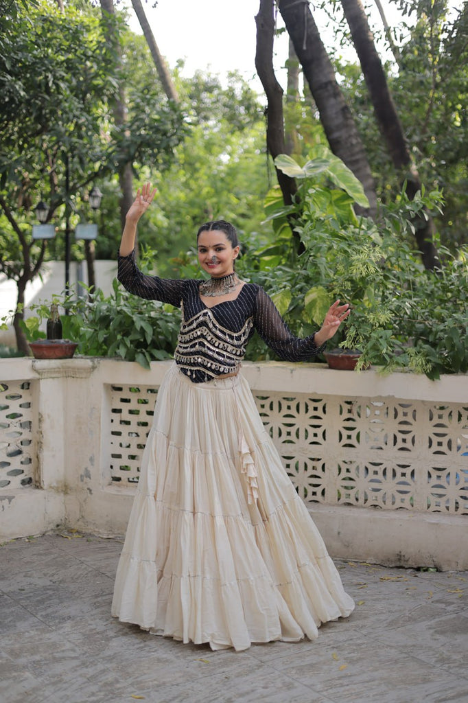 Designer Kora Cotton Lehenga with 12 Meter Flair & Leheriya Print Mirror Work Blouse ClothsVilla