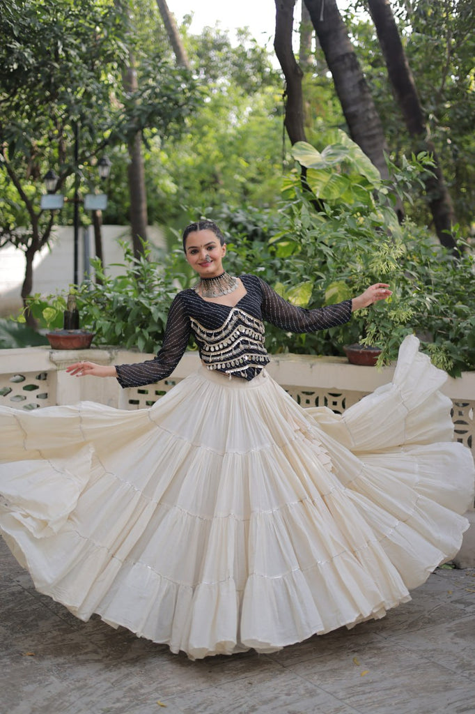 Designer Kora Cotton Lehenga with 12 Meter Flair & Leheriya Print Mirror Work Blouse ClothsVilla