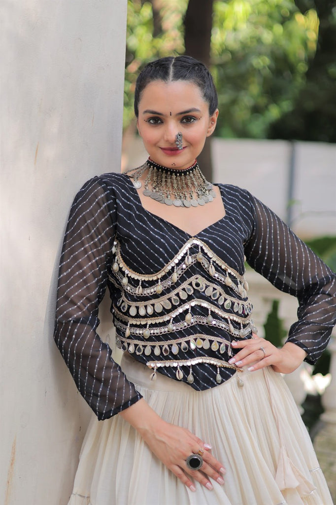 Designer Kora Cotton Lehenga with 12 Meter Flair & Leheriya Print Mirror Work Blouse ClothsVilla