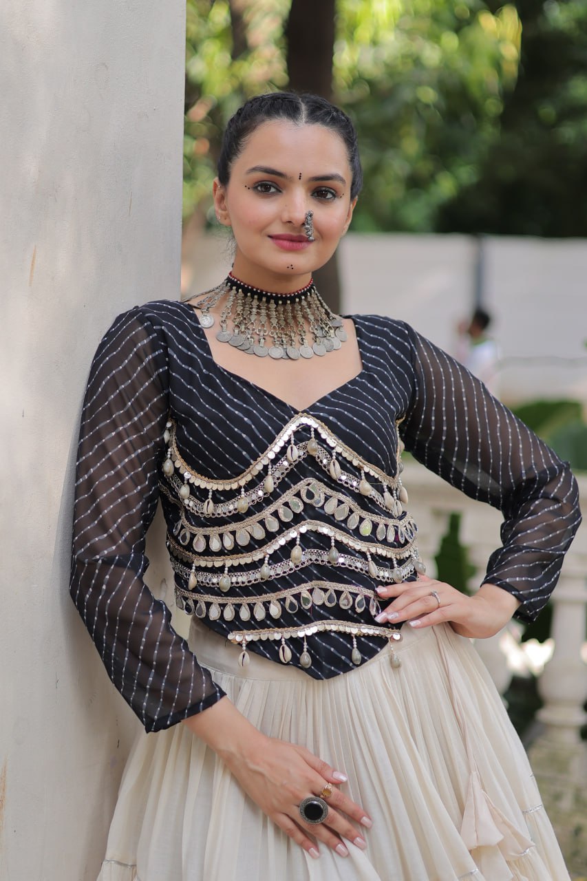 Designer Kora Cotton Lehenga with 12 Meter Flair & Leheriya Print Mirror Work Blouse ClothsVilla