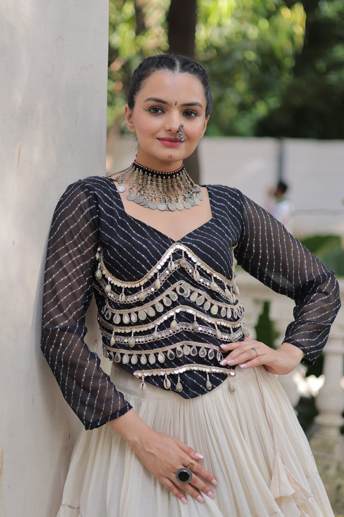 Designer Kora Cotton Lehenga with 12 Meter Flair & Leheriya Print Mirror Work Blouse ClothsVilla