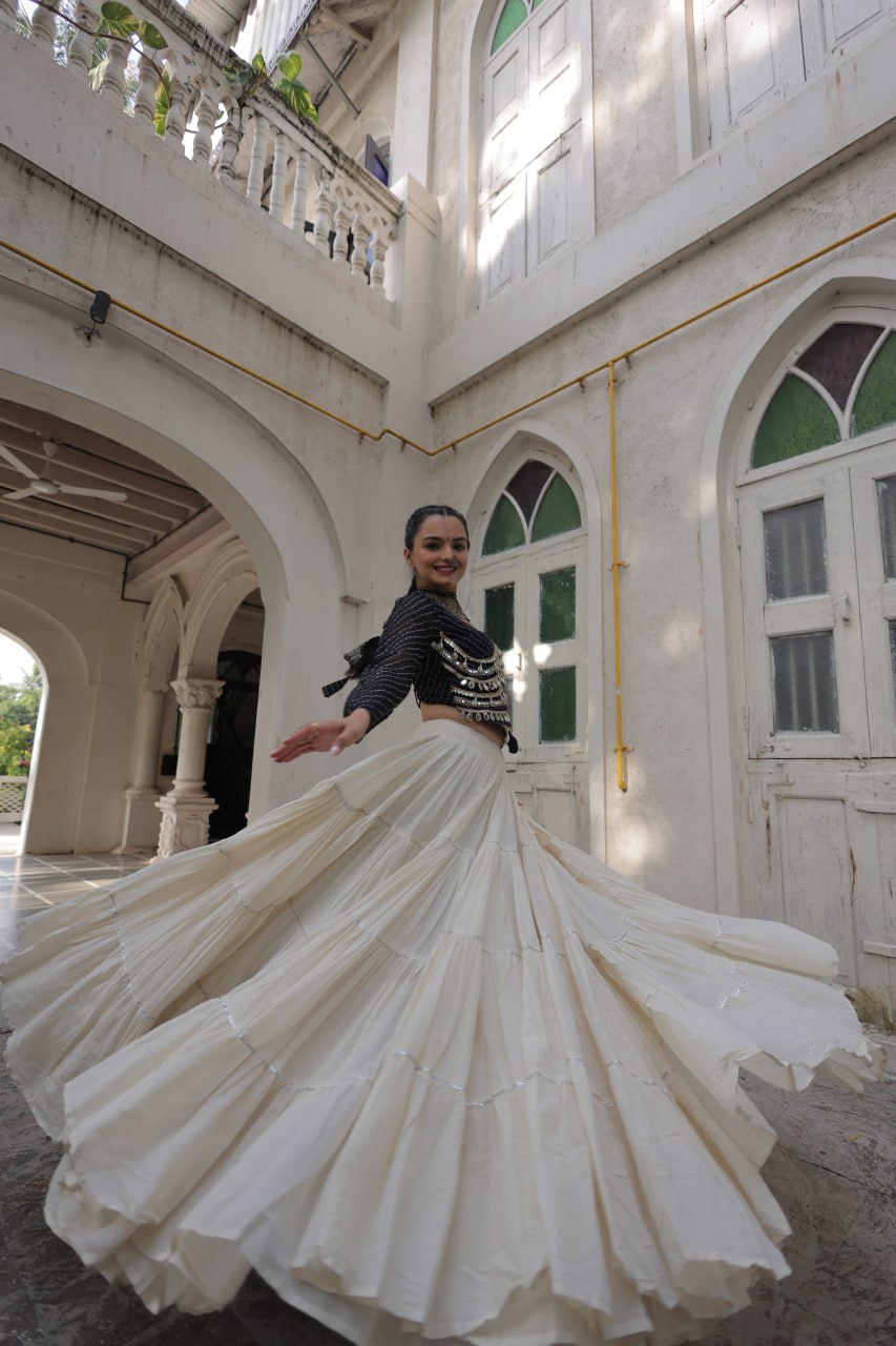 Designer Kora Cotton Lehenga with 12 Meter Flair & Leheriya Print Mirror Work Blouse ClothsVilla