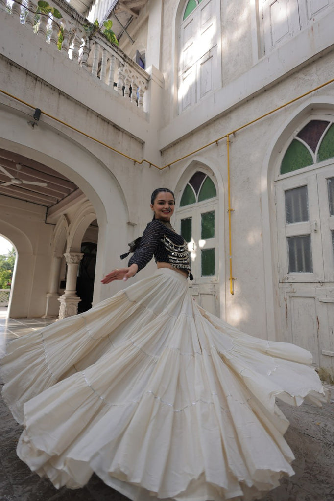 Designer Kora Cotton Lehenga with 12 Meter Flair & Leheriya Print Mirror Work Blouse ClothsVilla