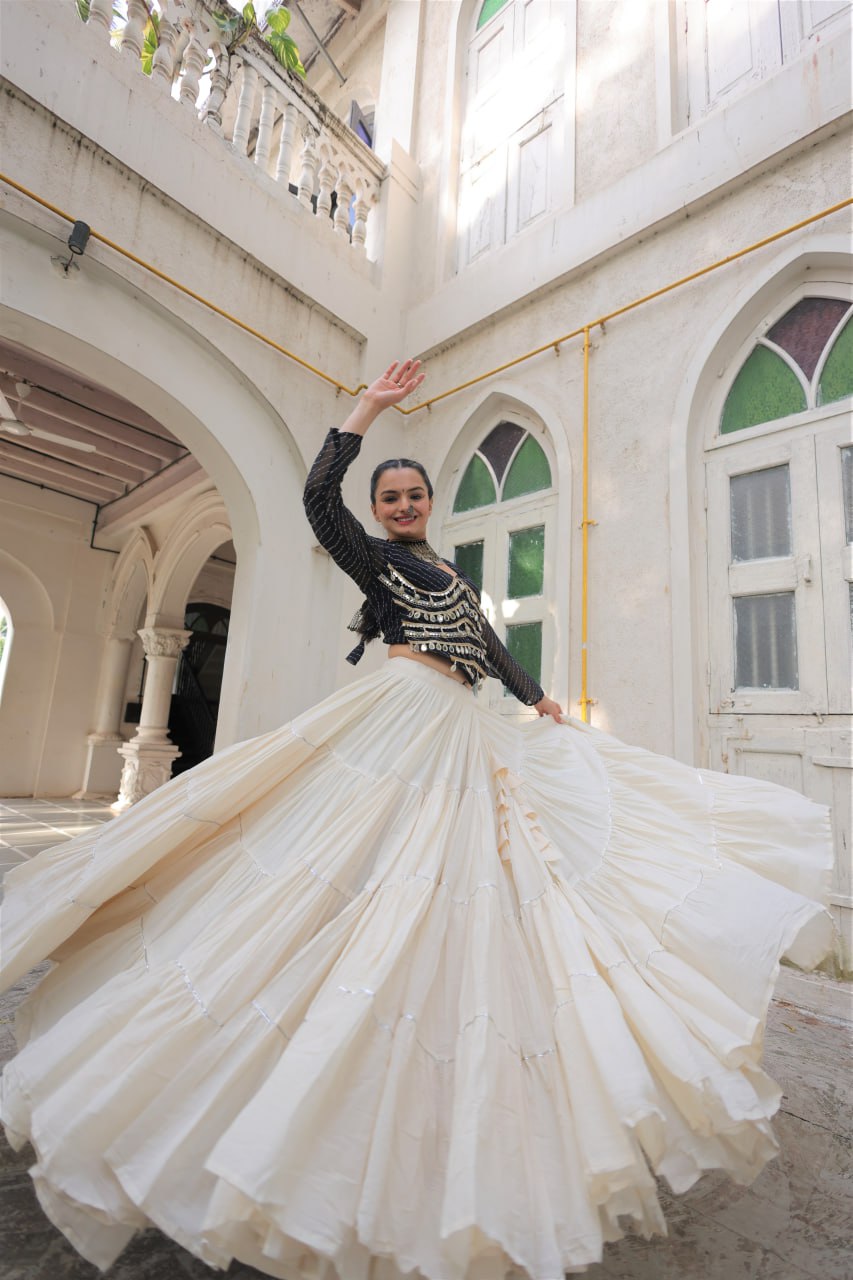 Designer Kora Cotton Lehenga with 12 Meter Flair & Leheriya Print Mirror Work Blouse ClothsVilla