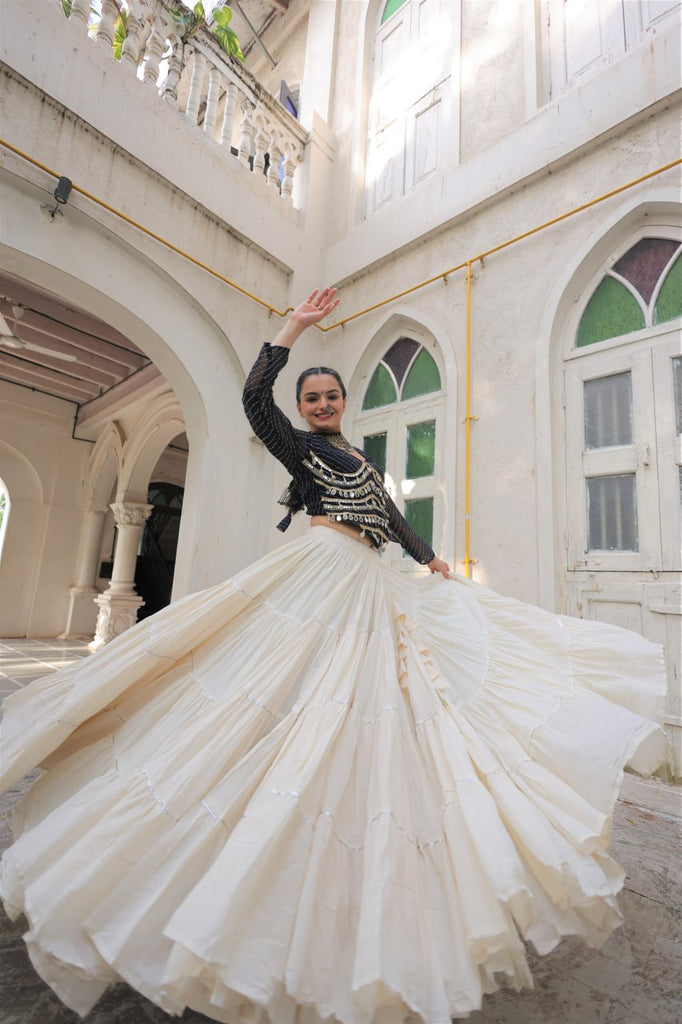 Designer Kora Cotton Lehenga with 12 Meter Flair & Leheriya Print Mirror Work Blouse ClothsVilla