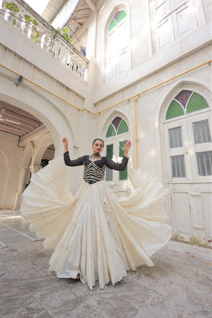 Designer Kora Cotton Lehenga with 12 Meter Flair & Leheriya Print Mirror Work Blouse ClothsVilla