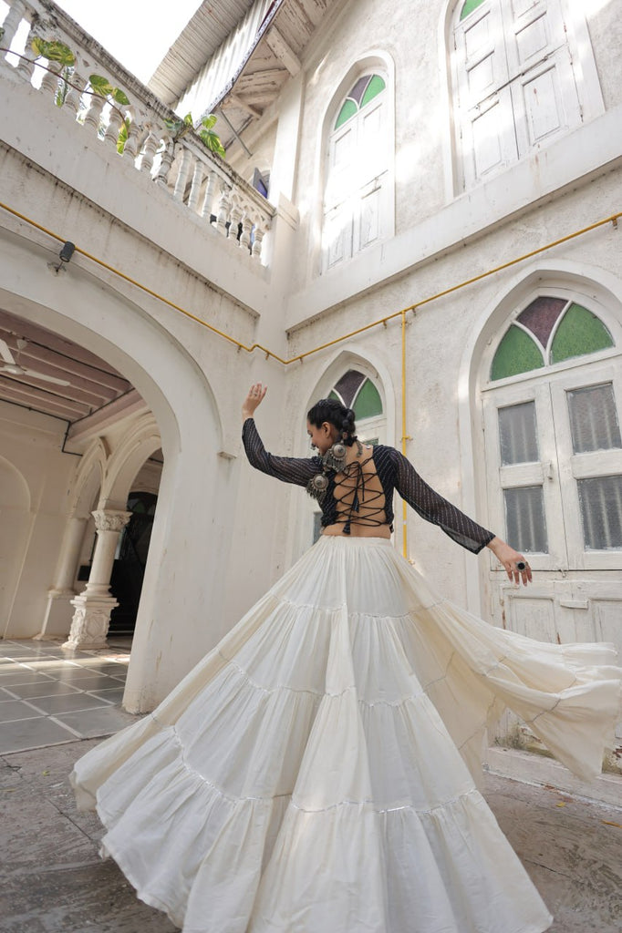 Designer Kora Cotton Lehenga with 12 Meter Flair & Leheriya Print Mirror Work Blouse ClothsVilla