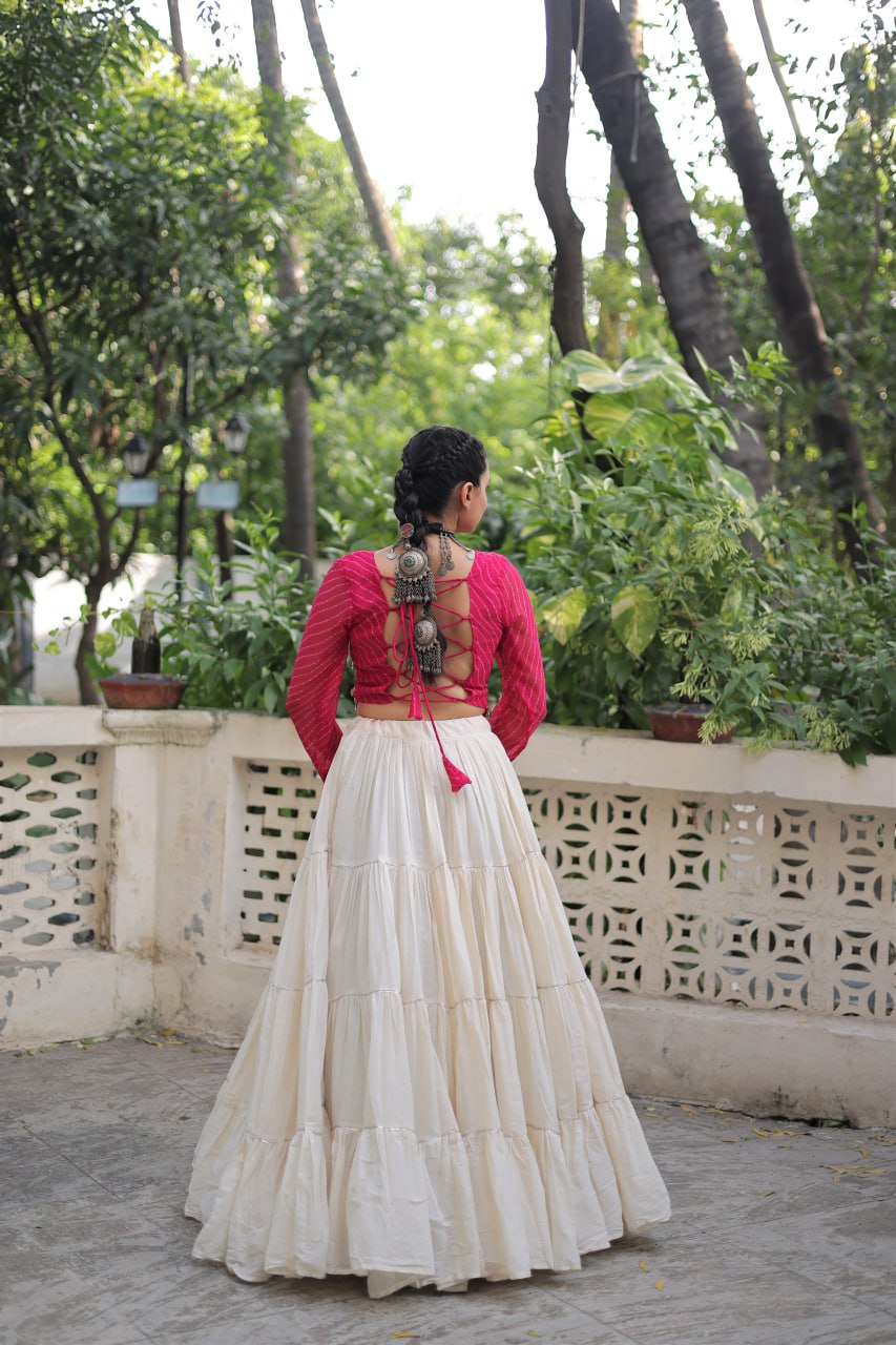 Designer Kora Cotton Lehenga with 12 Meter Flair & Leheriya Print Mirror Work Blouse ClothsVilla