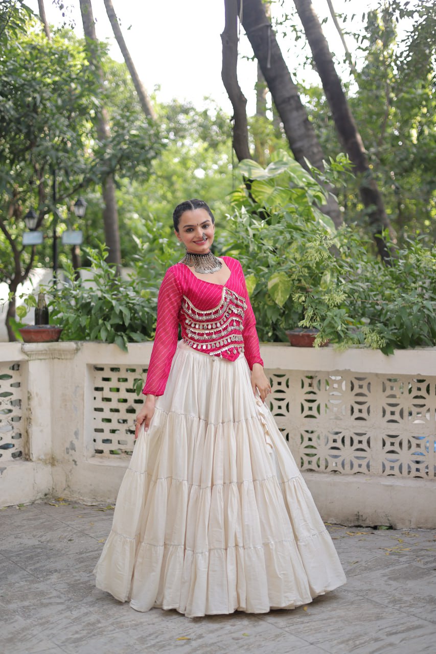 Designer Kora Cotton Lehenga with 12 Meter Flair & Leheriya Print Mirror Work Blouse ClothsVilla