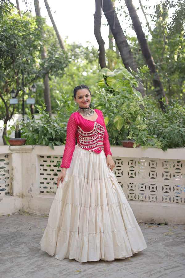 Designer Kora Cotton Lehenga with 12 Meter Flair & Leheriya Print Mirror Work Blouse ClothsVilla