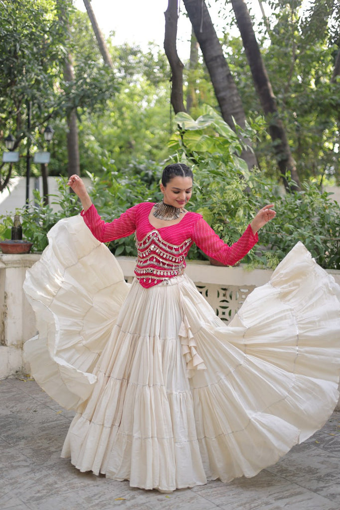 Designer Kora Cotton Lehenga with 12 Meter Flair & Leheriya Print Mirror Work Blouse ClothsVilla