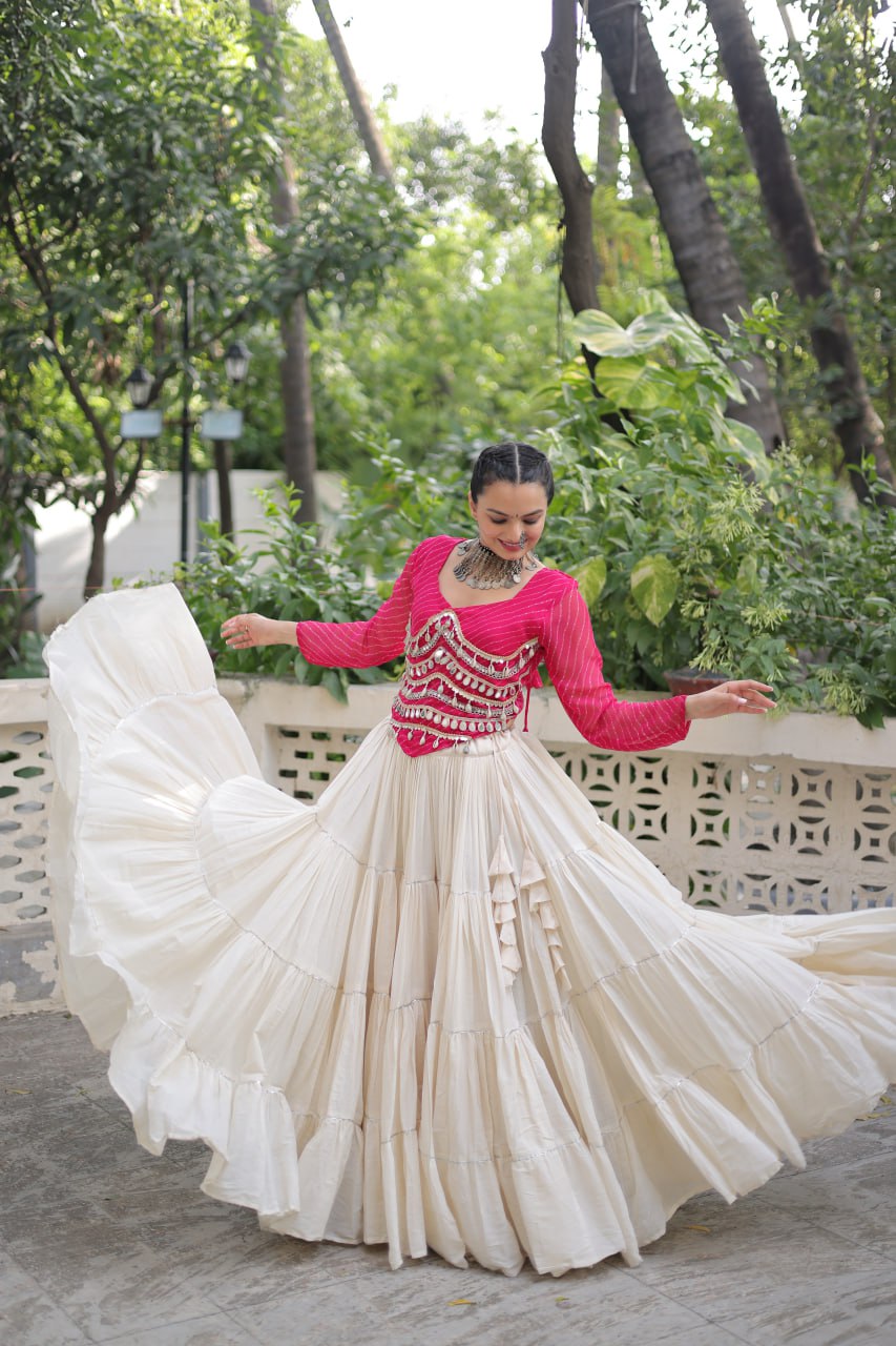 Designer Kora Cotton Lehenga with 12 Meter Flair & Leheriya Print Mirror Work Blouse ClothsVilla