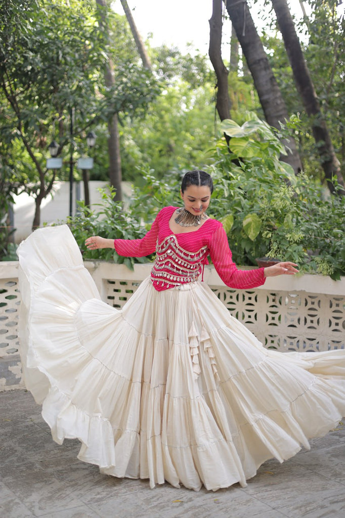 Designer Kora Cotton Lehenga with 12 Meter Flair & Leheriya Print Mirror Work Blouse ClothsVilla