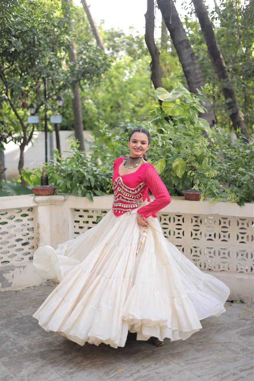 Designer Kora Cotton Lehenga with 12 Meter Flair & Leheriya Print Mirror Work Blouse ClothsVilla