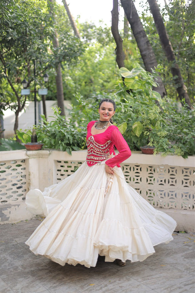 Designer Kora Cotton Lehenga with 12 Meter Flair & Leheriya Print Mirror Work Blouse ClothsVilla