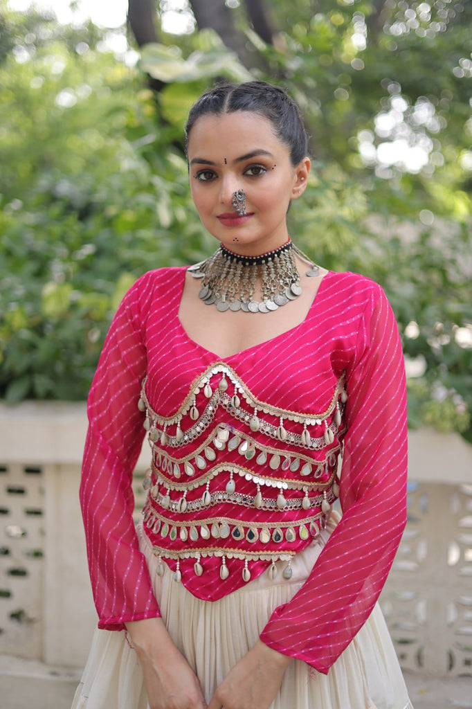 Designer Kora Cotton Lehenga with 12 Meter Flair & Leheriya Print Mirror Work Blouse ClothsVilla