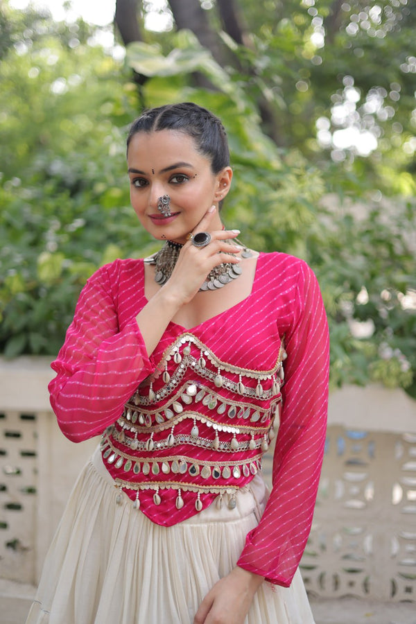 Designer Kora Cotton Lehenga with 12 Meter Flair & Leheriya Print Mirror Work Blouse ClothsVilla