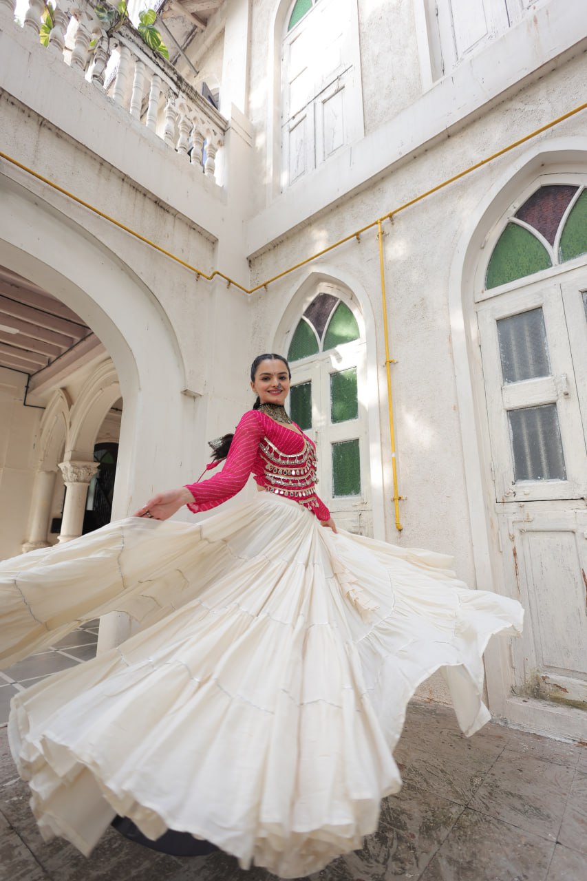 Designer Kora Cotton Lehenga with 12 Meter Flair & Leheriya Print Mirror Work Blouse ClothsVilla