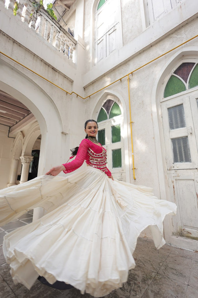 Designer Kora Cotton Lehenga with 12 Meter Flair & Leheriya Print Mirror Work Blouse ClothsVilla