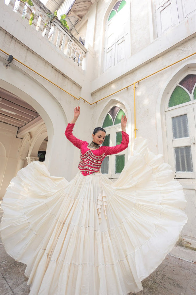 Designer Kora Cotton Lehenga with 12 Meter Flair & Leheriya Print Mirror Work Blouse ClothsVilla