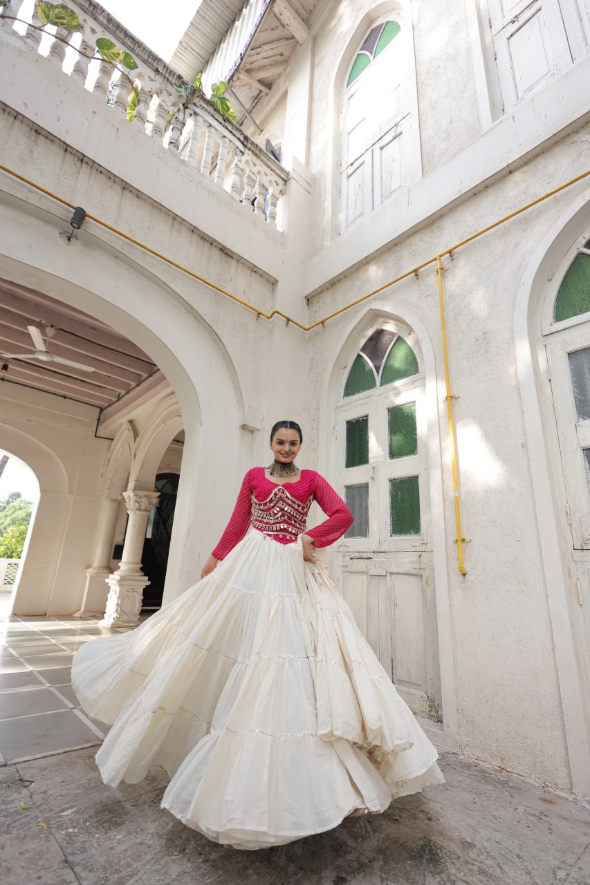 Designer Kora Cotton Lehenga with 12 Meter Flair & Leheriya Print Mirror Work Blouse ClothsVilla