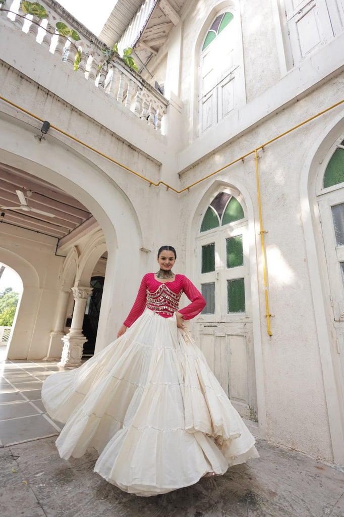 Designer Kora Cotton Lehenga with 12 Meter Flair & Leheriya Print Mirror Work Blouse ClothsVilla