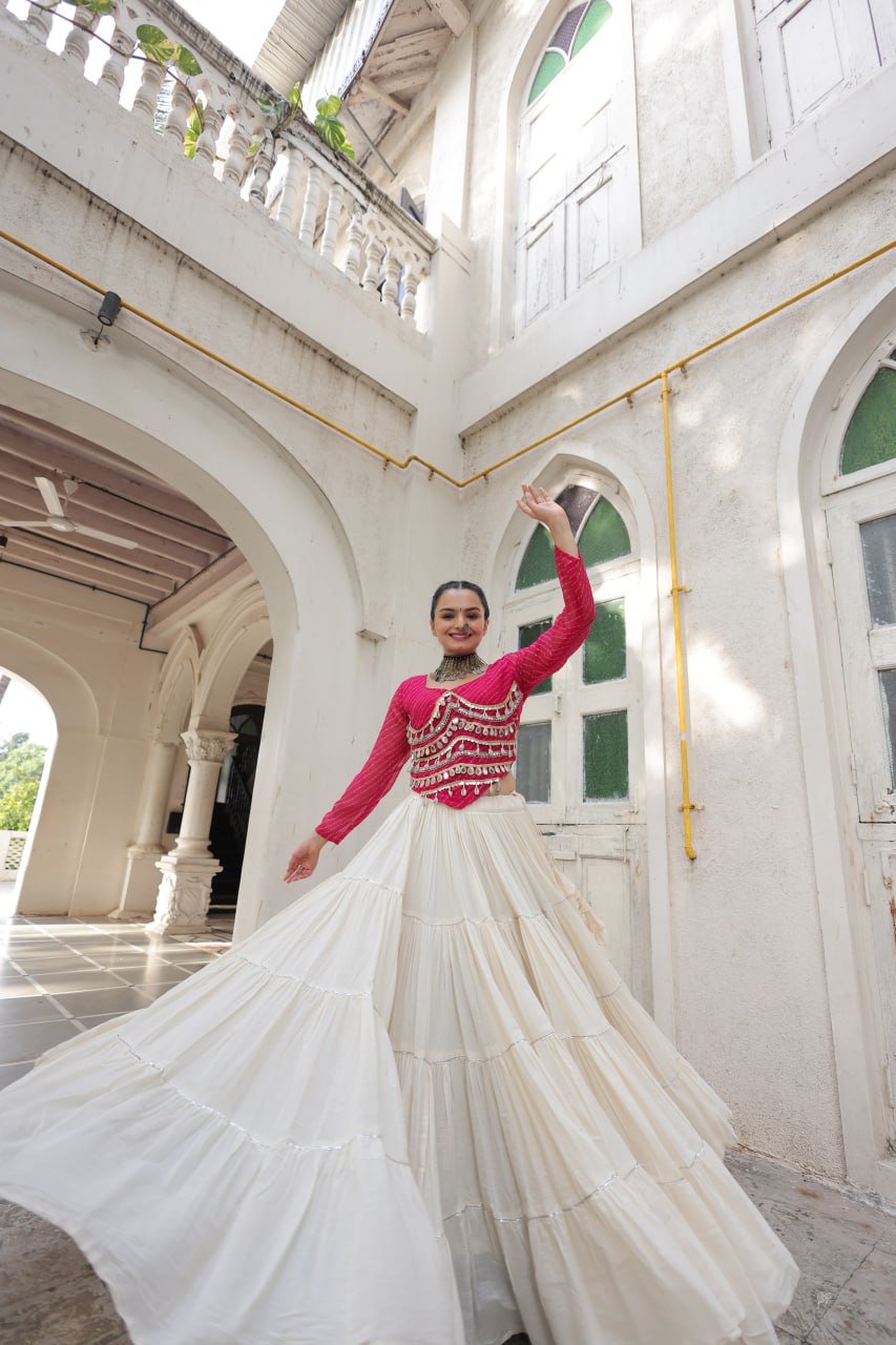 Designer Kora Cotton Lehenga with 12 Meter Flair & Leheriya Print Mirror Work Blouse ClothsVilla