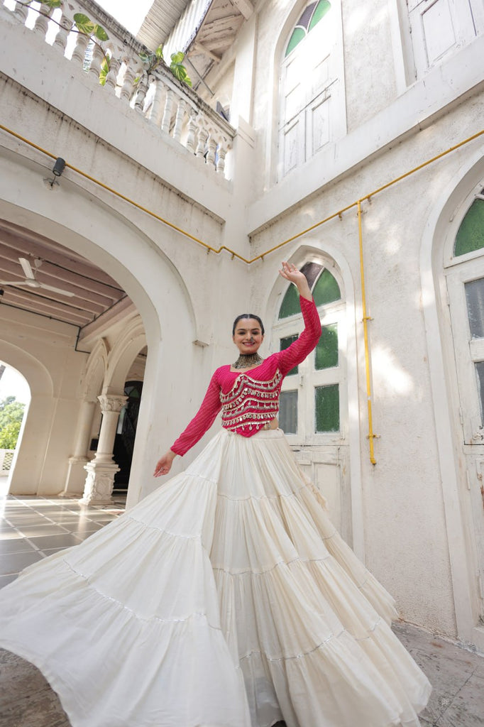 Designer Kora Cotton Lehenga with 12 Meter Flair & Leheriya Print Mirror Work Blouse ClothsVilla