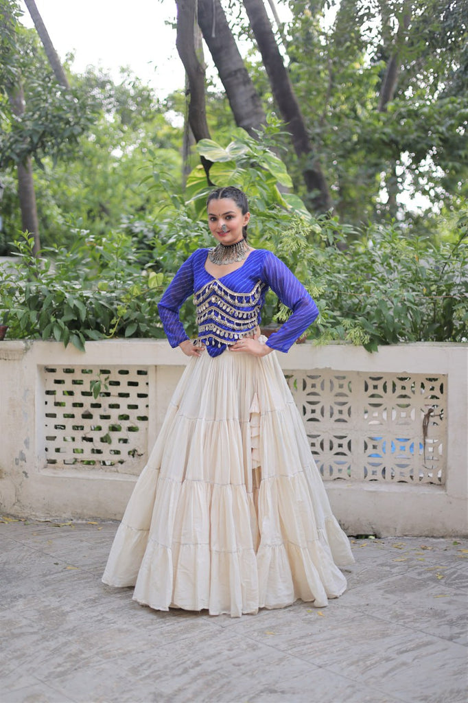 Designer Kora Cotton Lehenga with 12 Meter Flair & Leheriya Print Mirror Work Blouse ClothsVilla