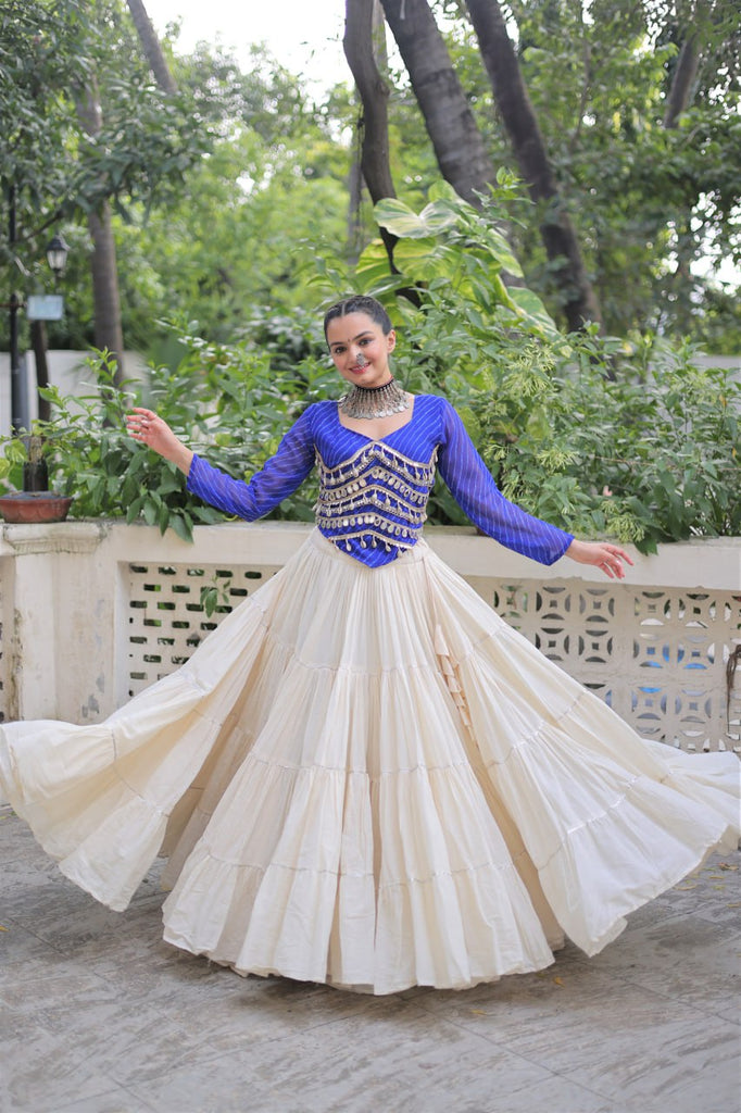 Designer Kora Cotton Lehenga with 12 Meter Flair & Leheriya Print Mirror Work Blouse ClothsVilla