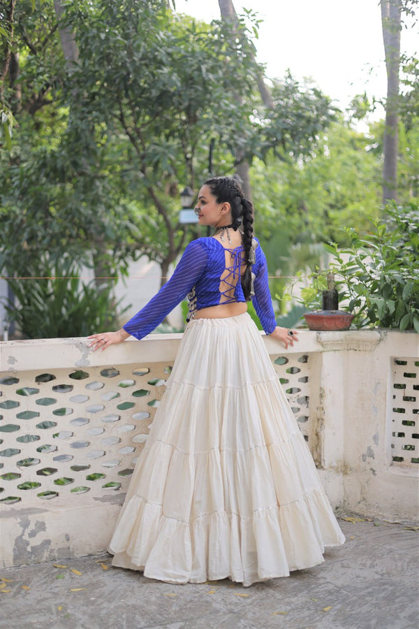 Designer Kora Cotton Lehenga with 12 Meter Flair & Leheriya Print Mirror Work Blouse ClothsVilla