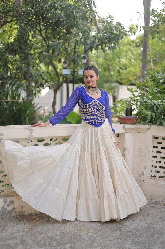 Designer Kora Cotton Lehenga with 12 Meter Flair & Leheriya Print Mirror Work Blouse ClothsVilla