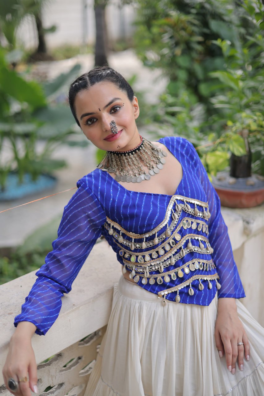 Designer Kora Cotton Lehenga with 12 Meter Flair & Leheriya Print Mirror Work Blouse ClothsVilla