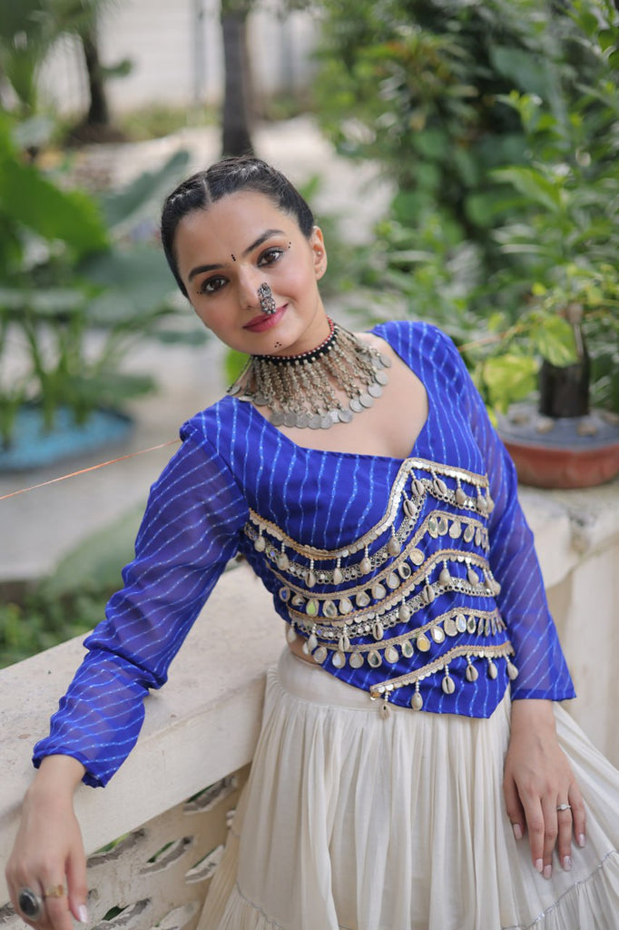 Designer Kora Cotton Lehenga with 12 Meter Flair & Leheriya Print Mirror Work Blouse ClothsVilla