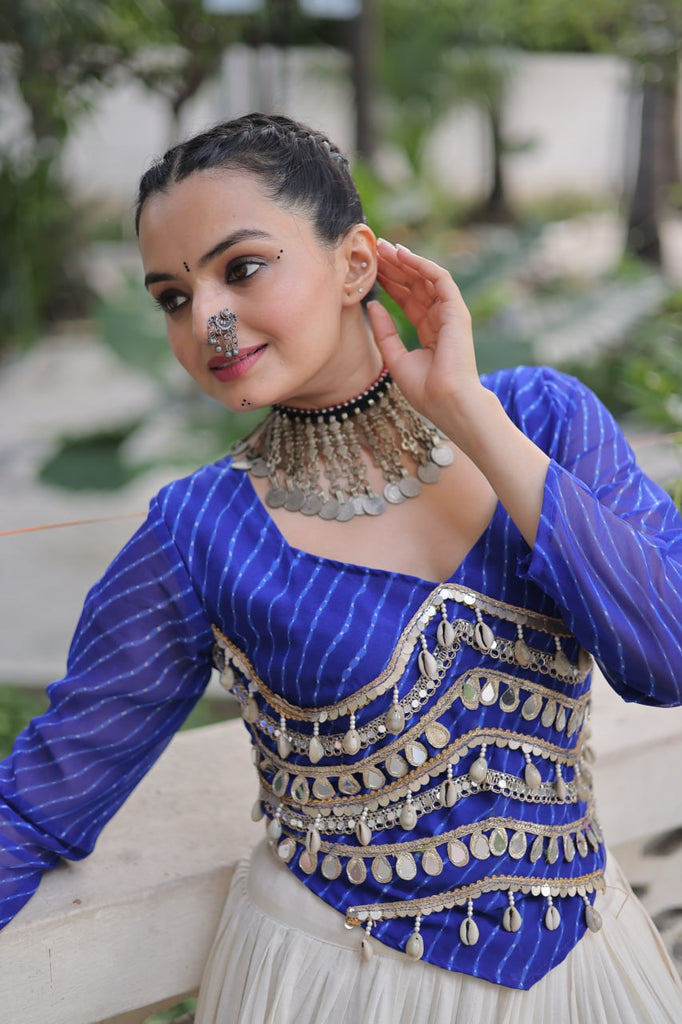 Designer Kora Cotton Lehenga with 12 Meter Flair & Leheriya Print Mirror Work Blouse ClothsVilla