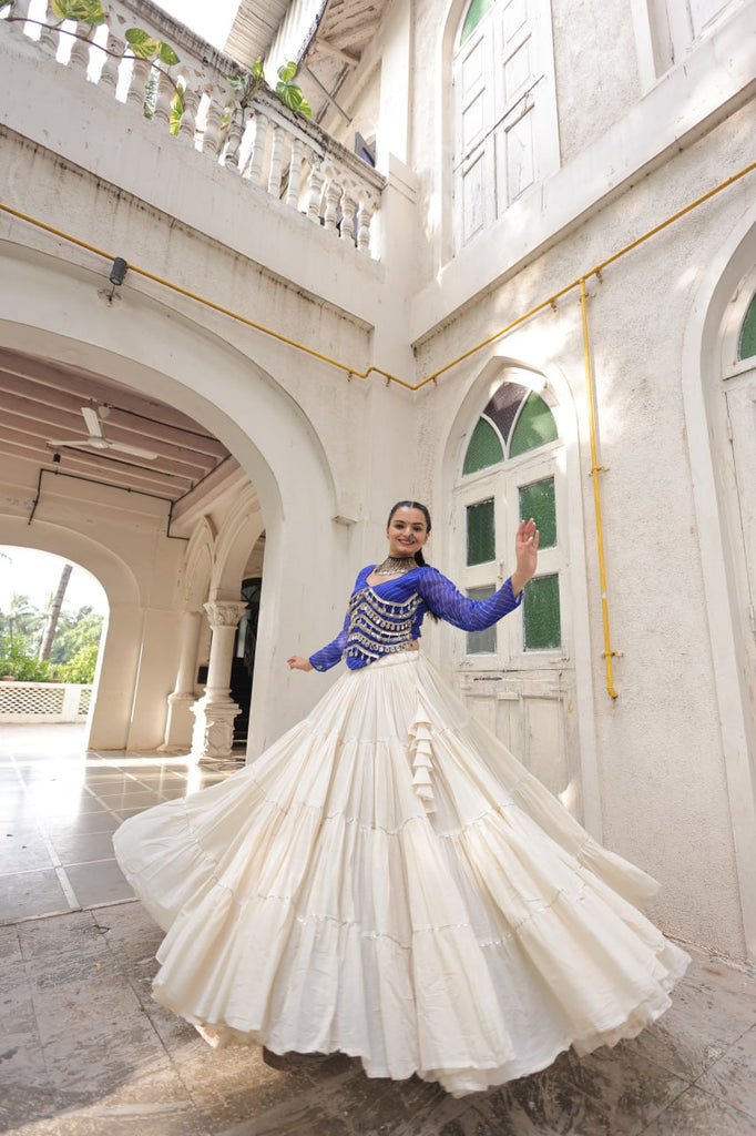 Designer Kora Cotton Lehenga with 12 Meter Flair & Leheriya Print Mirror Work Blouse ClothsVilla