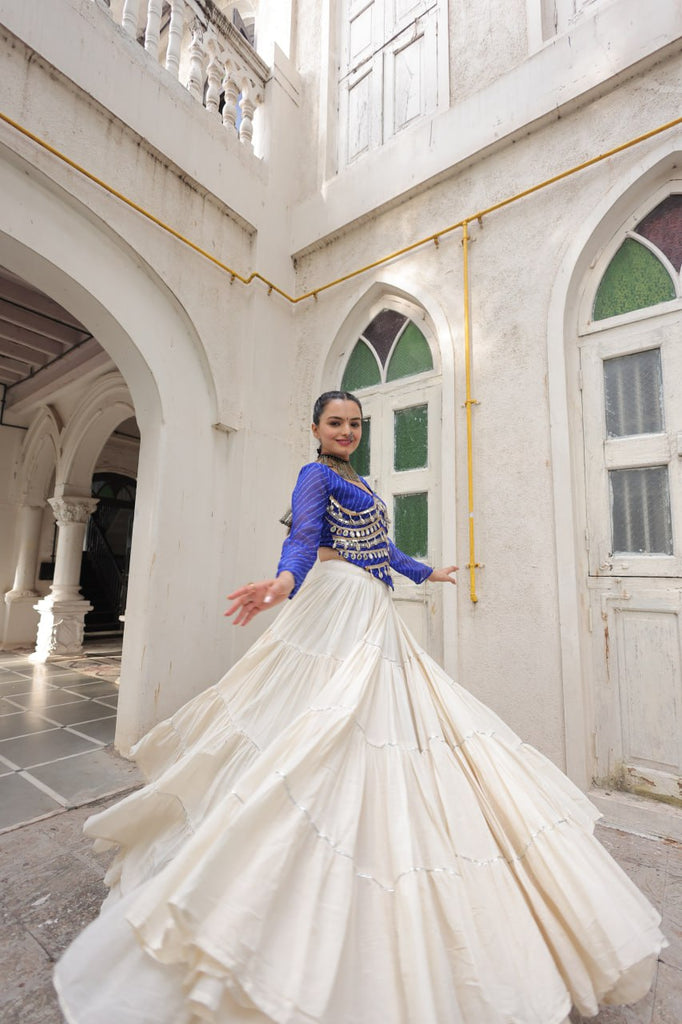 Designer Kora Cotton Lehenga with 12 Meter Flair & Leheriya Print Mirror Work Blouse ClothsVilla