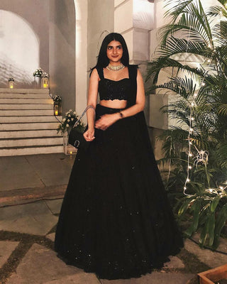 Black Georgette Sequin & Thread Work Lehenga Set with Dupatta ClothsVilla