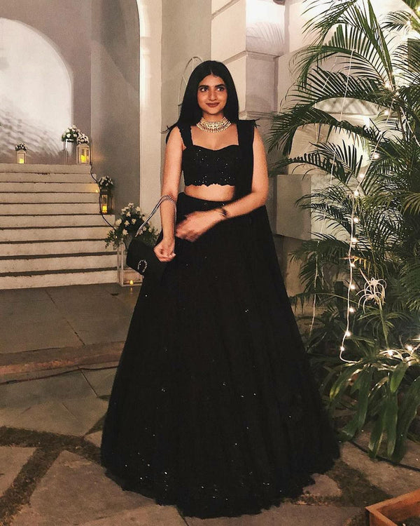 Black Georgette Sequin & Thread Work Lehenga Set with Dupatta ClothsVilla