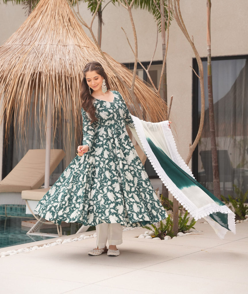 Green Elegant Floral Printed Pure Cotton Suit Set with Faux Georgette Dupatta & Lucknowi Lace Border ClothsVilla