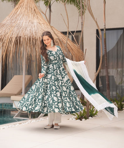 Green Elegant Floral Printed Pure Cotton Suit Set with Faux Georgette Dupatta & Lucknowi Lace Border ClothsVilla
