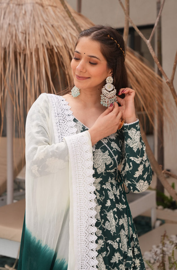 Green Elegant Floral Printed Pure Cotton Suit Set with Faux Georgette Dupatta & Lucknowi Lace Border ClothsVilla