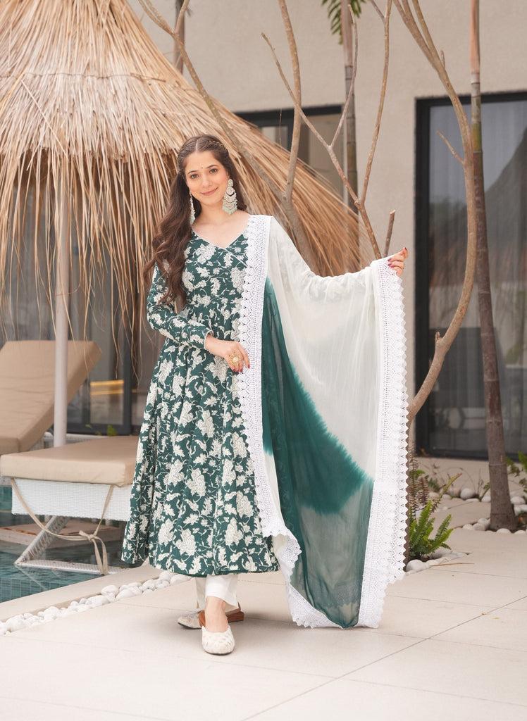 Green Elegant Floral Printed Pure Cotton Suit Set with Faux Georgette Dupatta & Lucknowi Lace Border ClothsVilla