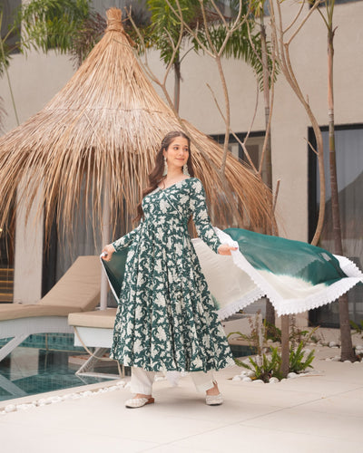 Green Elegant Floral Printed Pure Cotton Suit Set with Faux Georgette Dupatta & Lucknowi Lace Border ClothsVilla