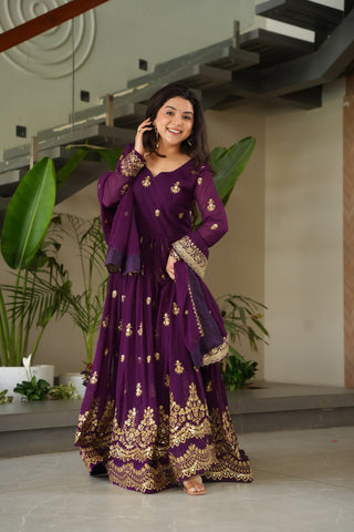 Purple Luxury Faux Blooming Zari & Sequins Embroidered Designer Gown with Matching Dupatta – Stitched Premium Ensemble ClothsVilla