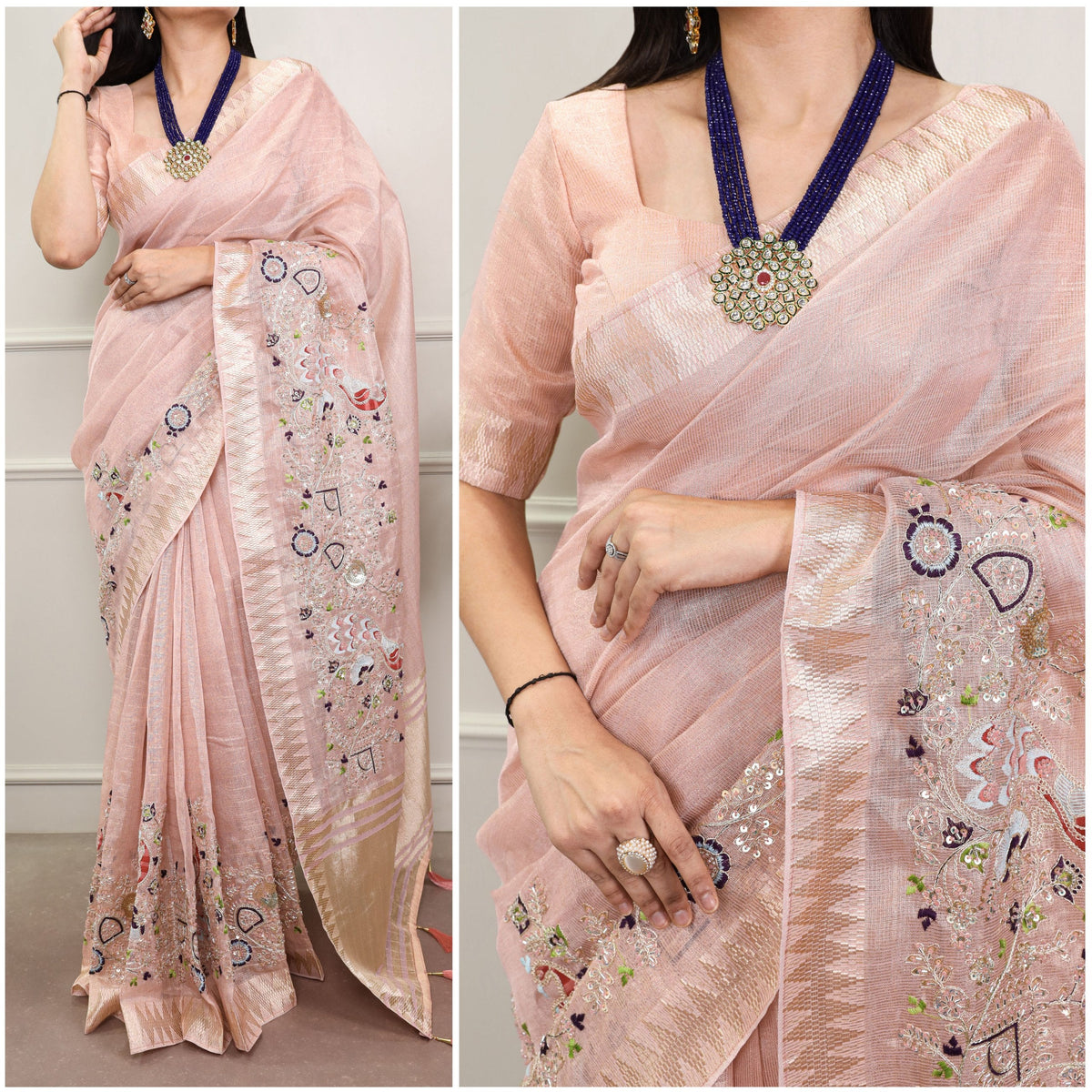 Peach Elegant Zari Kota Tissue Saree with Embroidery Beads Work & Zari Weaving Border, Matching Unstitched Blouse – Festive & Traditional Wear ClothsVilla Main image