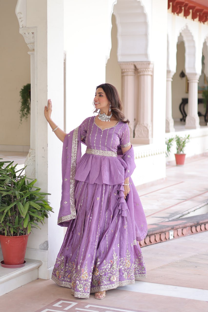 Lavender Gold Crush Multi-Thread Embroidered Lehenga Choli Set with Sequins, Peplum Blouse & Designer Lace Dupatta ClothsVilla